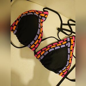 Ron Jon Black Bikini Top with Pink, Orange, and Purple Accents